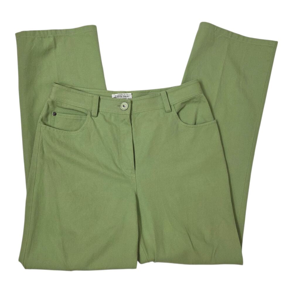 St John Sport Pants Womens Size 8 Green Cotton Stretch Straight Leg Casual - Picture 2 of 8